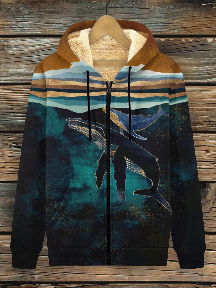 Whale & Landscape Glitter Art Print Fleece Jacket