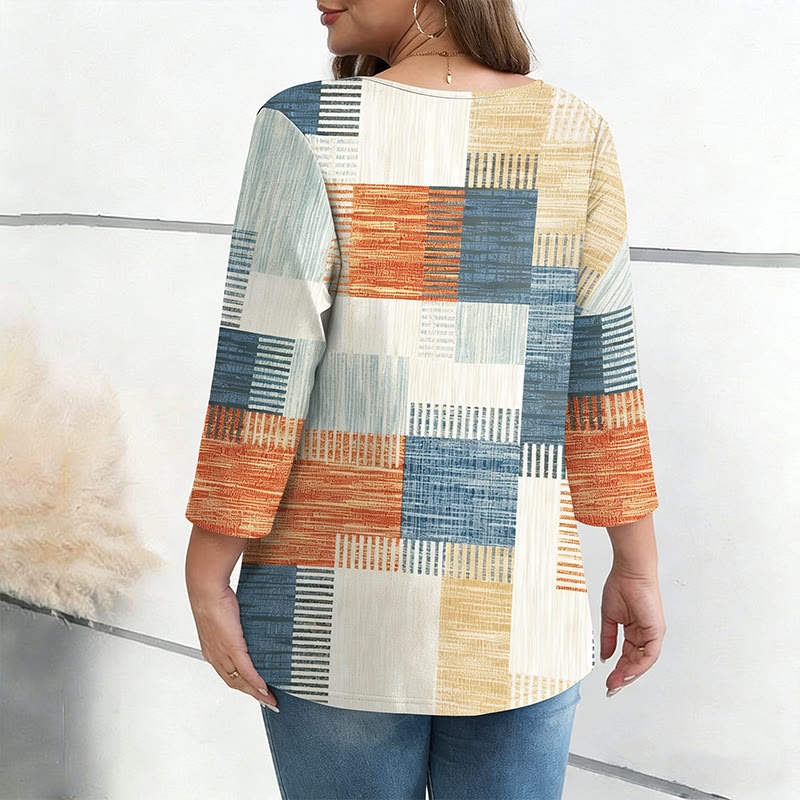 Casual Ethnic Geometric Color-block Print Long-sleeve V-neck T-shirt - image 3