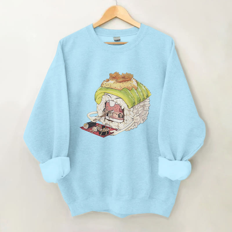 100% Cotton Creative Sushi Eating Print Round Neck Casual Fleece Sweatshirt - Blue - 2XL - image 4