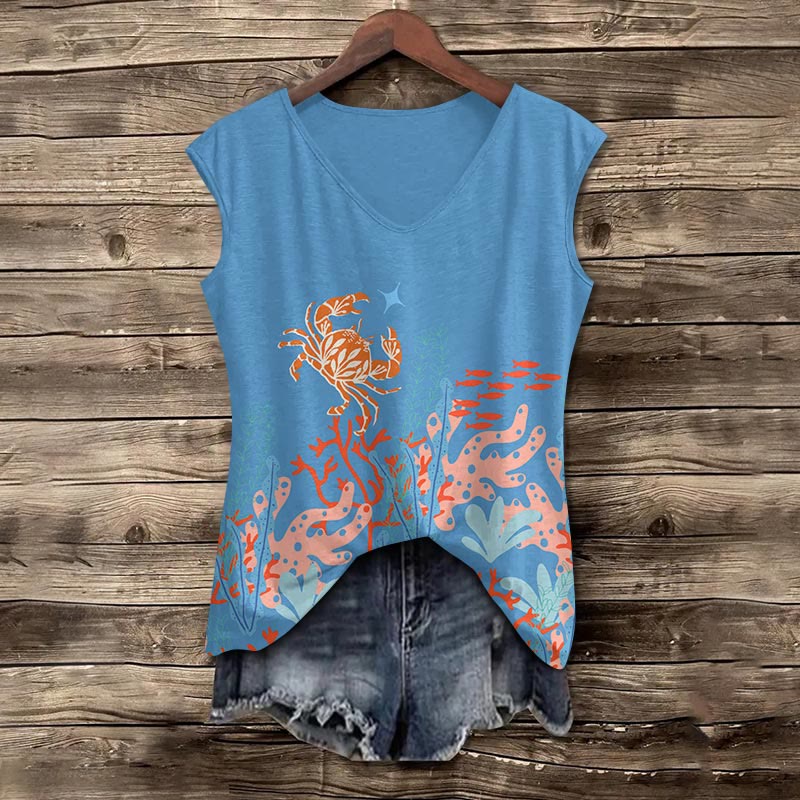 Creative Cartoon Crab & Coral Print V-neck Tank Top - Blue - 5XL - image 2