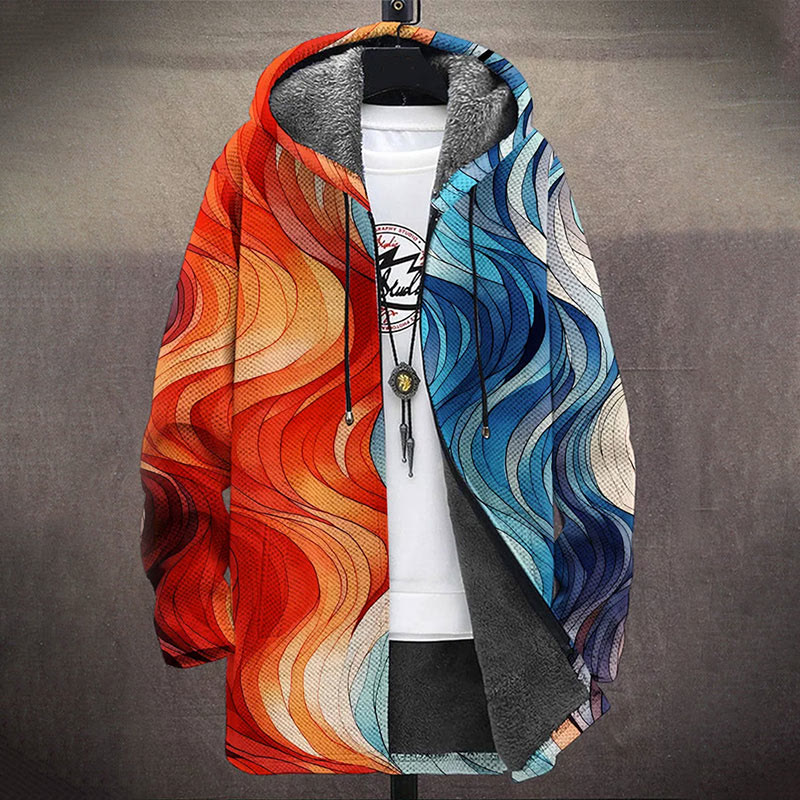 Orange And Blue Artistic Ocean Waves Pattern  Print Unisex Plush Thick Long-sleeved Fleece Jacket Coat - image 2