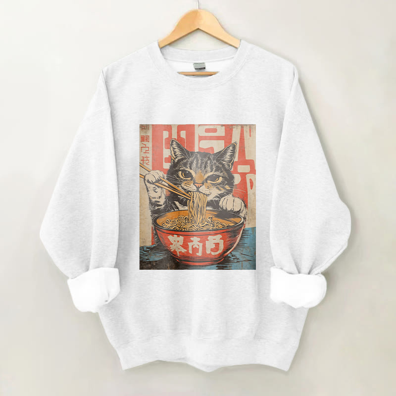 100% Cotton Japanese Cat Eating Ramen Print Crew Neck Sweatshirt - White - 2XL - image 3