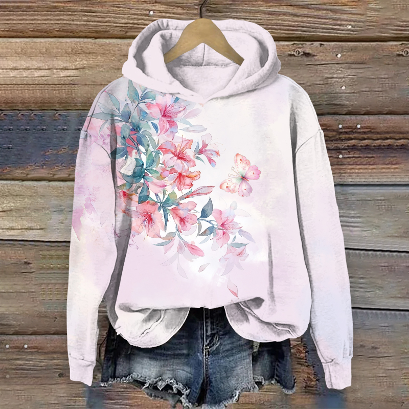Fantasy Watercolor Morning Glory & Butterfly Art Print Long Sleeve Hoodie - Pink - US44-46(8XL) - image 3