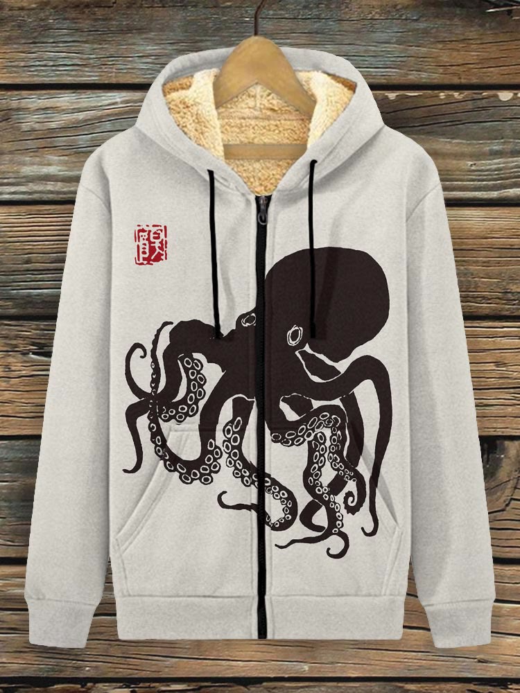 Octopus Japanese Lino Art Vintage Print Fleece Jacket