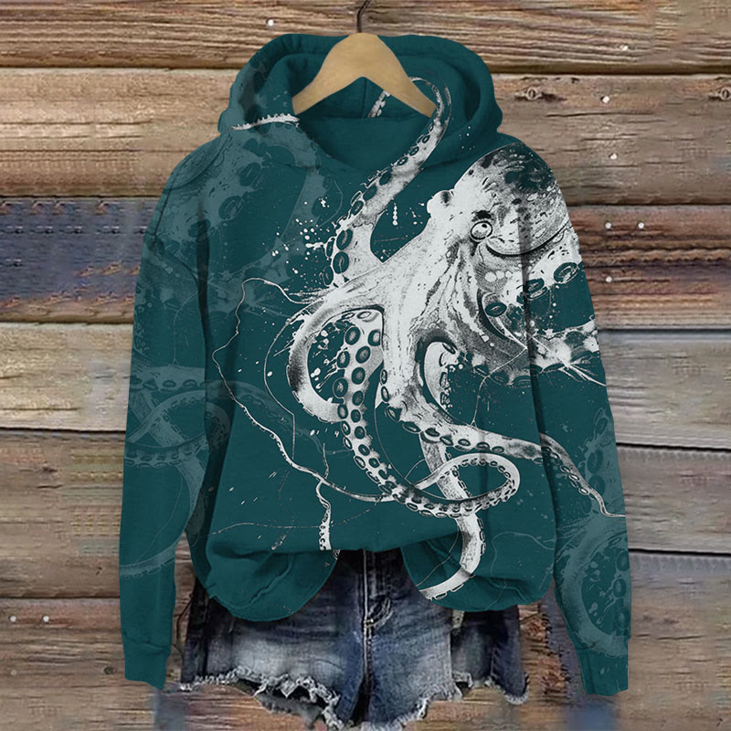 Ink octopus art Print Long Sleeve Hoodie - Dark Green - US44-46(8XL) - image 3