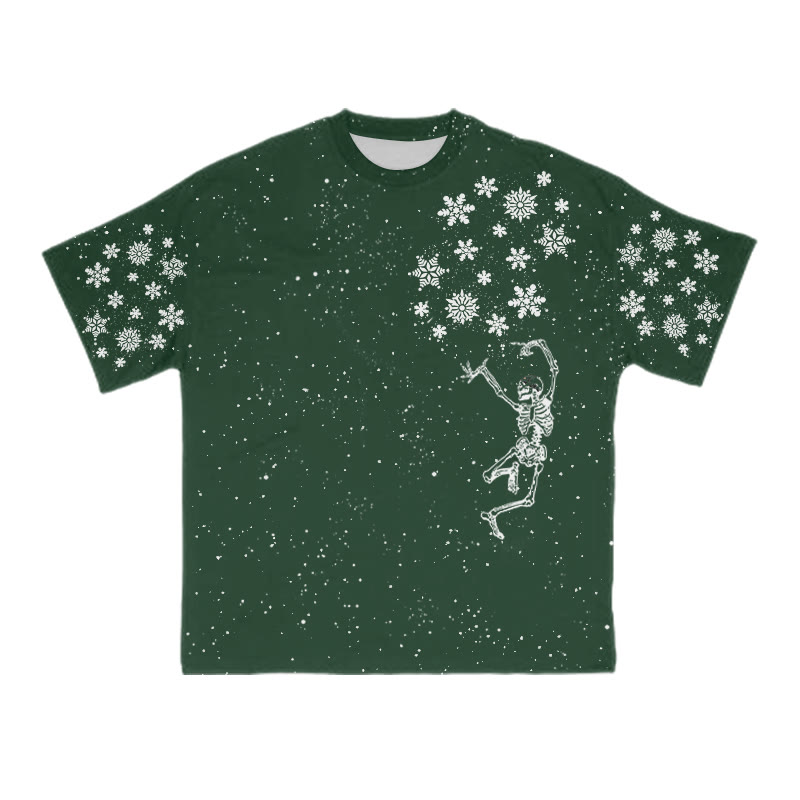 Unisex Dancing Skeleton Snowflake Christmas Print T-shirt - Green - 8XL - image 5