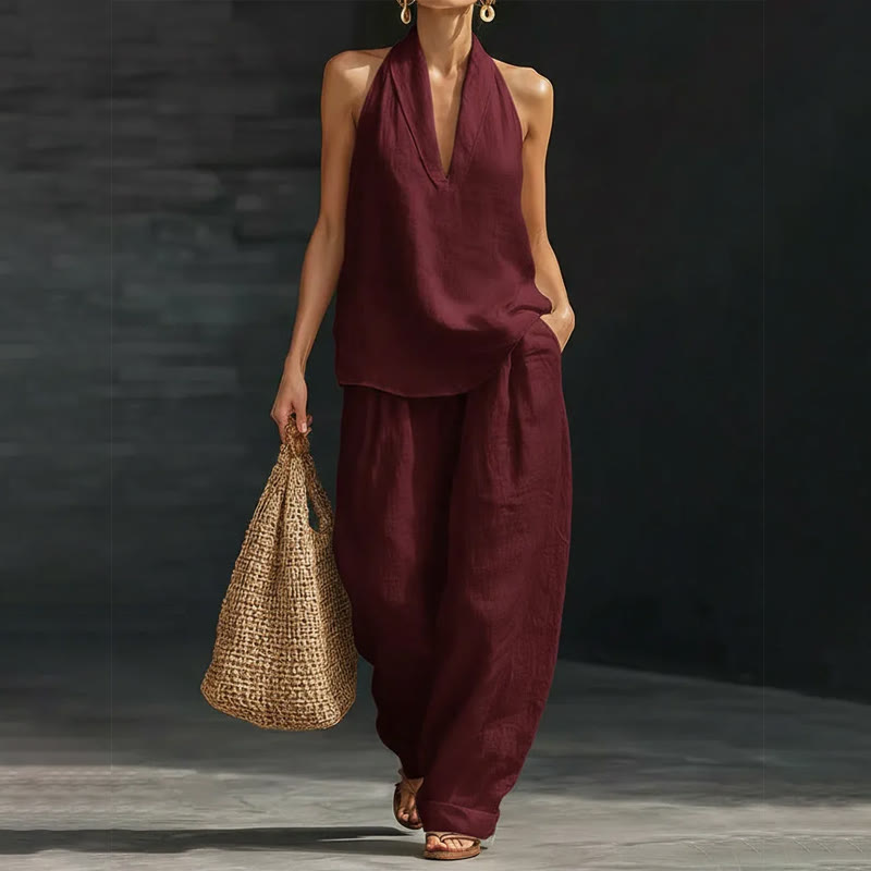 Cozy Loose-fitting Solid Lapel Halter-neck Sleeveless Top&pants Set - Wine - 5XL - image 7