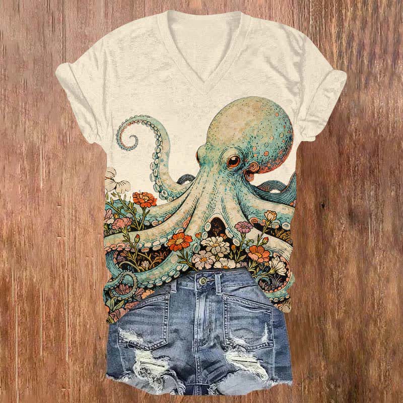 Vintage Octopus Surrounded By Flowers Print V-neck T-shirt - Beige - US32-34(5XL) - image 3