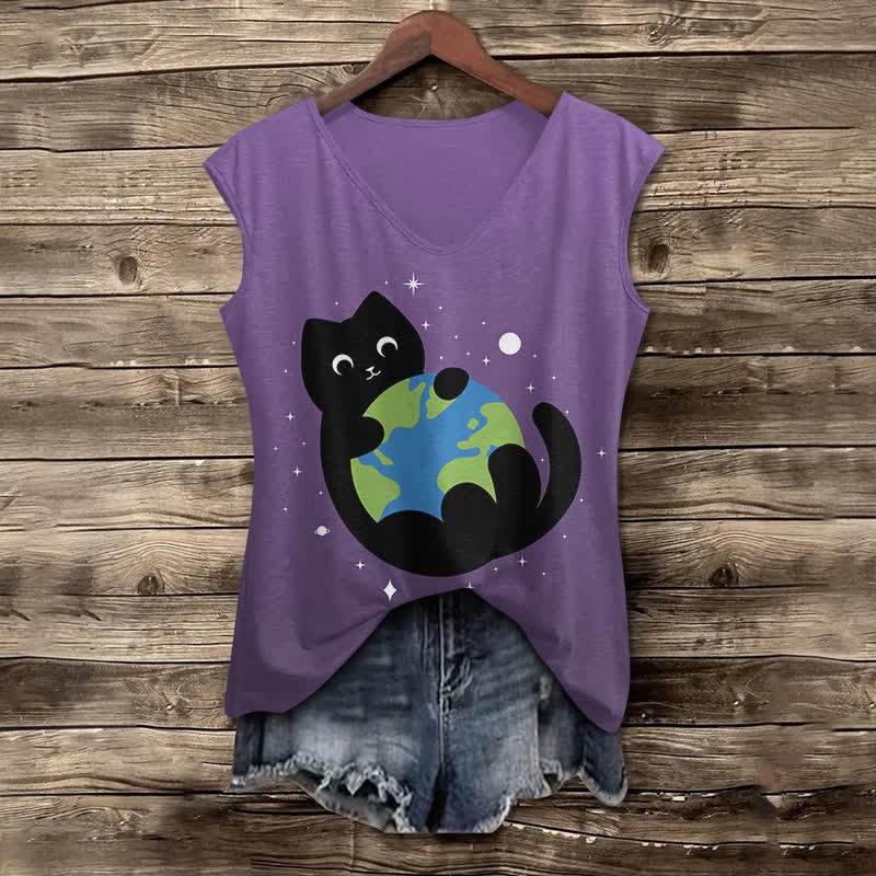 Women's Funny Cat Holding The Earth Art Print V-neck Tank Top - Ombre Purple - 5XL - image 9