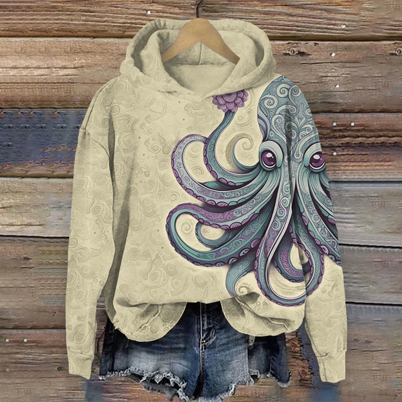 Art Octopus With Shading Print Long Sleeve Hoodie - Apricot - US44-46(8XL) - image 2