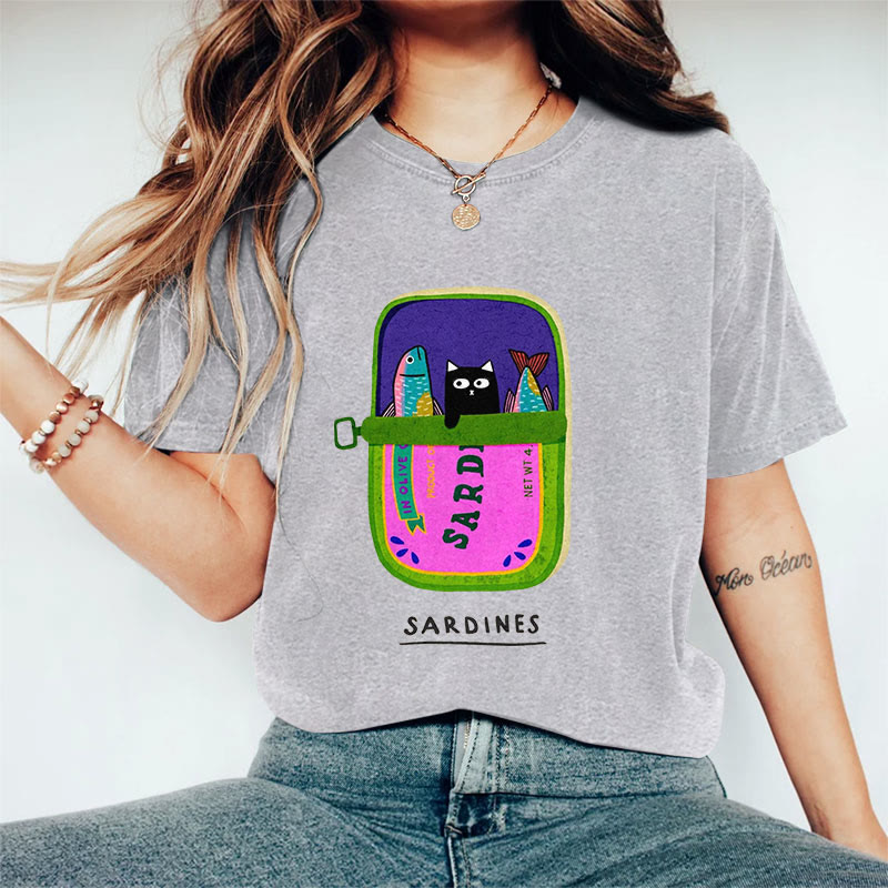 100% Cotton Women's Lovely Black Cat & Sardines Art Print Casual T-shirt - Grey - 2XL - image 4
