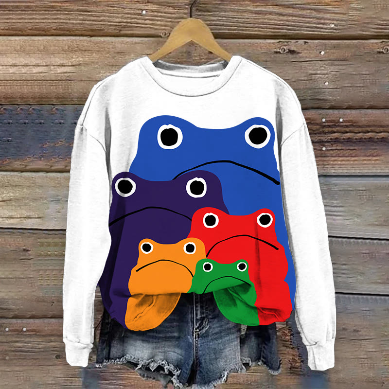 Cascading Rainbow Japanese Frog Print Long Sleeve Sweatshirt - White - 5XL - image 2