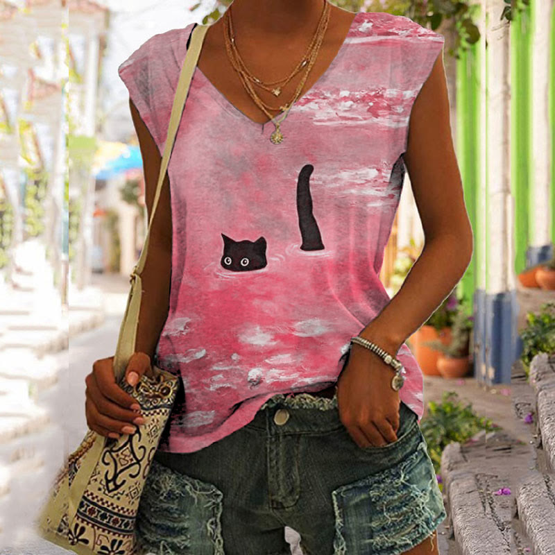 Women's Oil Painting Cat Print V-neck Tank Top - Pink - 5XL - image 4