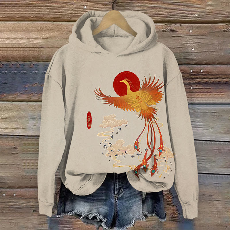 Phoenix Print Long Sleeve Hoodie - Apricot - US44-46(8XL) - image 3