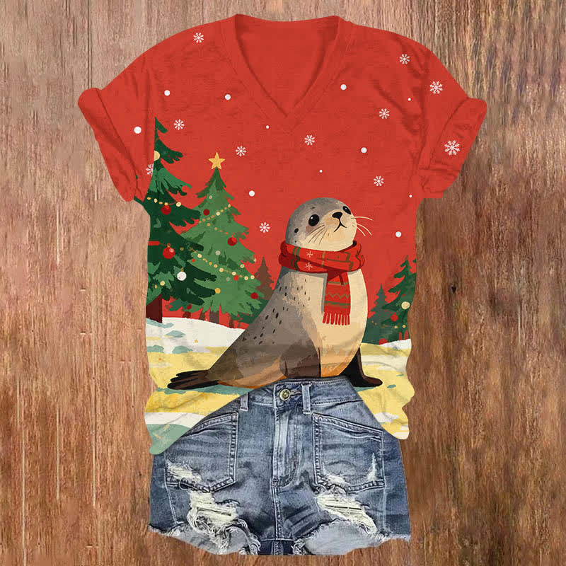 Christmas Winter Snowy Seal With Scarf Art Print V-neck T-shirt - Red - US32-34(5XL) - image 4