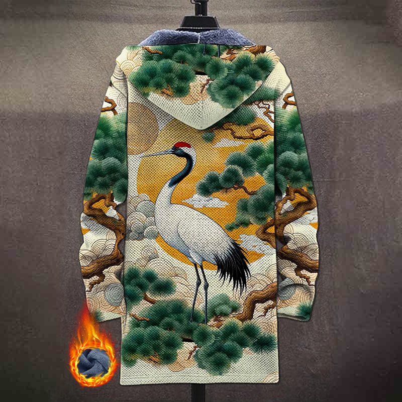 Traditional Crane And Pine Tree Painting Print Unisex Plush Thick Long-sleeved Fleece Jacket Coat - image 3