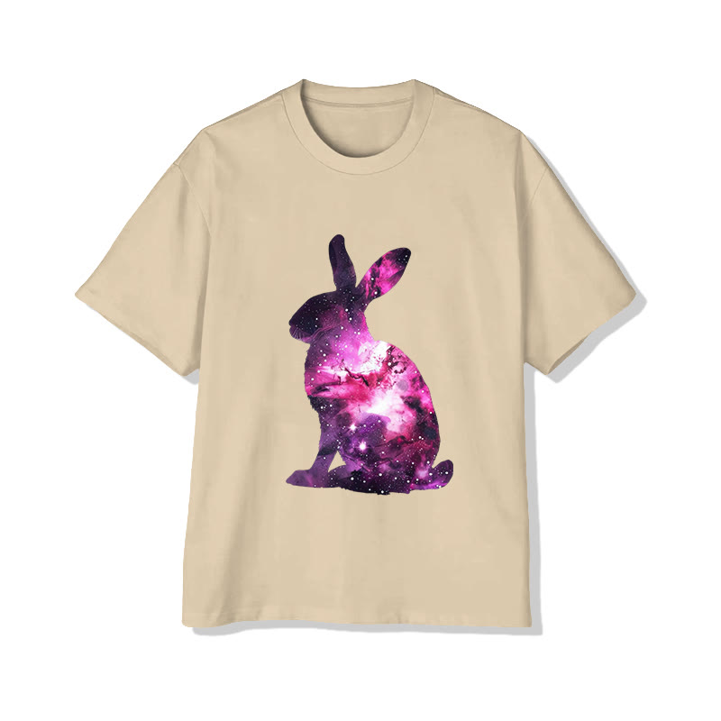 Unisex Starry Sky Pattern Rabbit Print Short Sleeved Crew Neck T-shirt - Apricot - 2XL - image 3