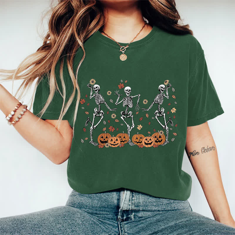 100% Cotton Women's Halloween Happy Skeleton Man Dancing Around Flowers Art Print Casual T-shirt - Dark Green - 2XL - image 9