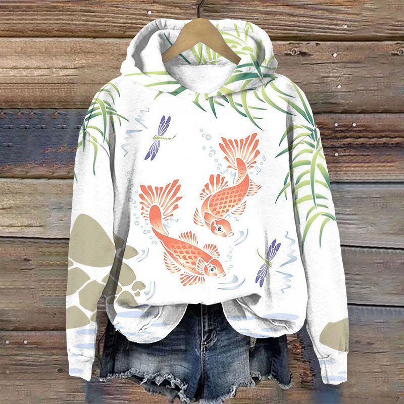 Japanese Goldfish Art Print Long Sleeve Hoodie - White - 8XL - image 1