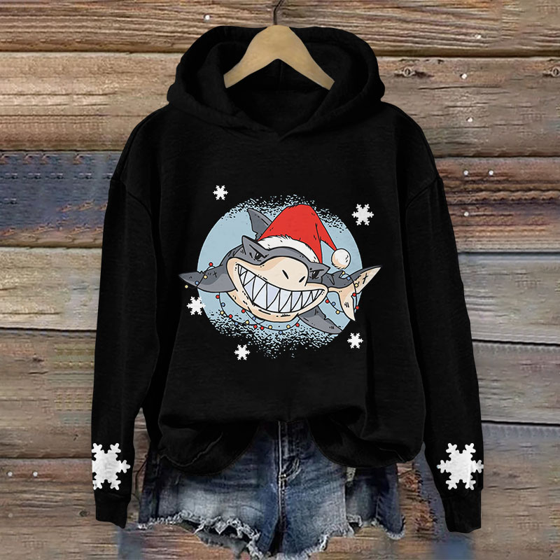 Shark Wearing Santa Hat Christmas Print Long Sleeve Hoodie - Black - US44-46(8XL) - image 2