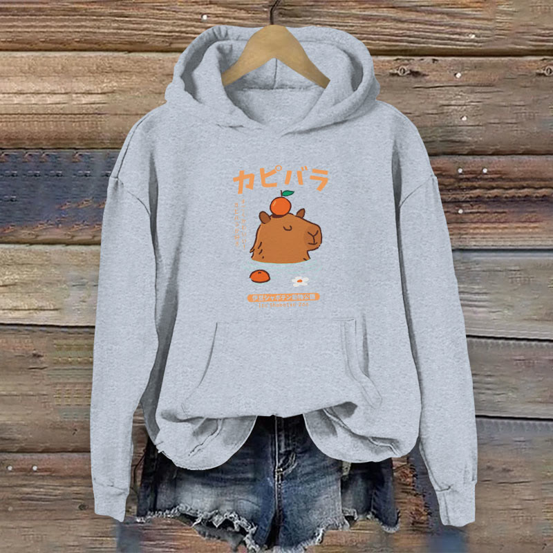 100% Cotton Cute Capybara With Orange Japanese Art Print Women's Hoodie - Grey - 2XL - image 4