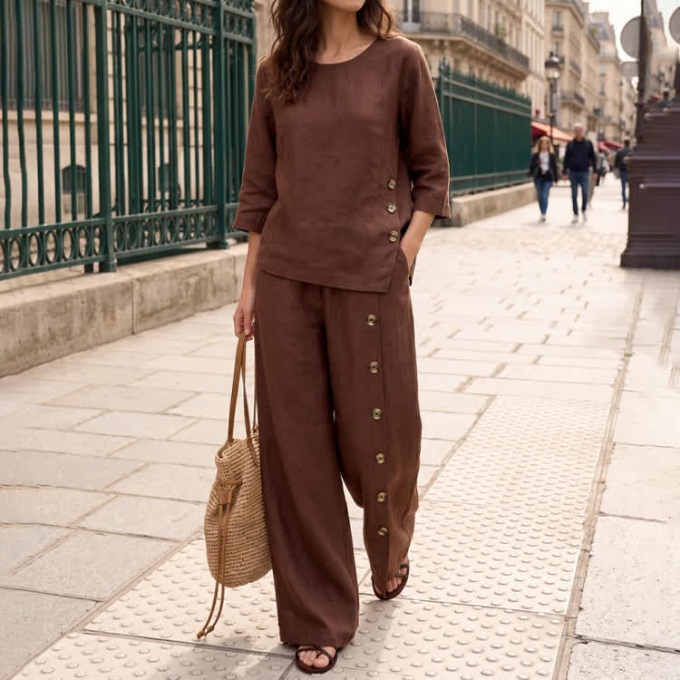 Cozy Solid Crew Neck Half Sleeves Asymmetrical Button Hem Blouse & Pants Set - image 3