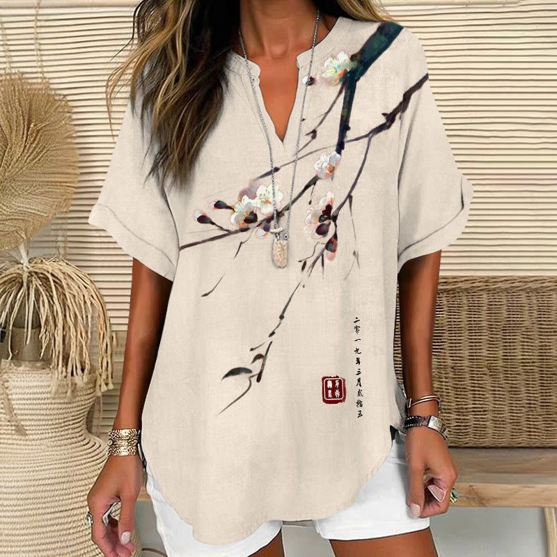 Vintage Plum Blossom Art Print Short Sleeve Casual Blouse - Apricot - 5XL - image 3