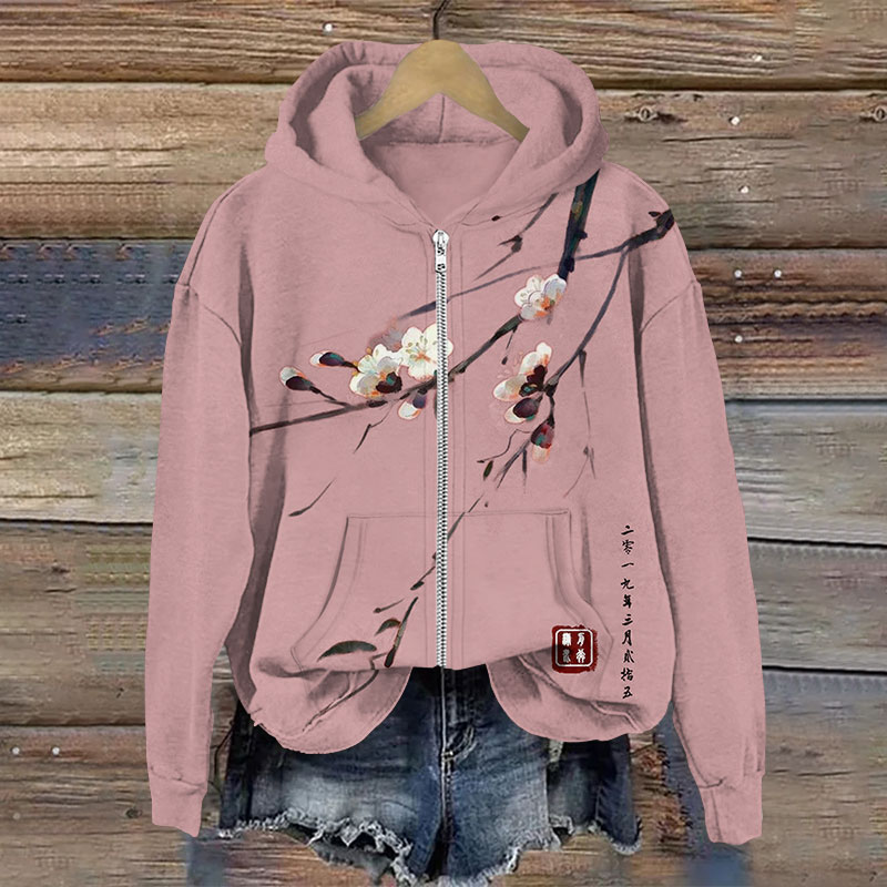 Vintage Plum Blossom Art Print Long Sleeve Zipper Hoodie - Pink - US28-30(4XL) - image 3