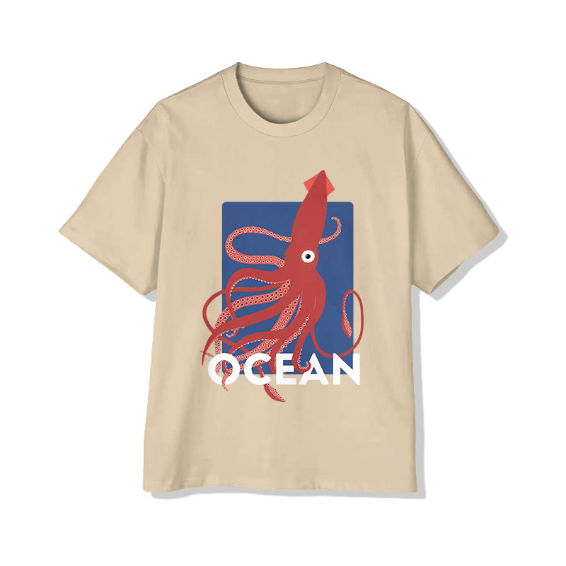 Unisex Japanese Ocean Squid Art Pattern Pattern Cotton Print T-shirt - Apricot - US20-22(3XL) - image 4