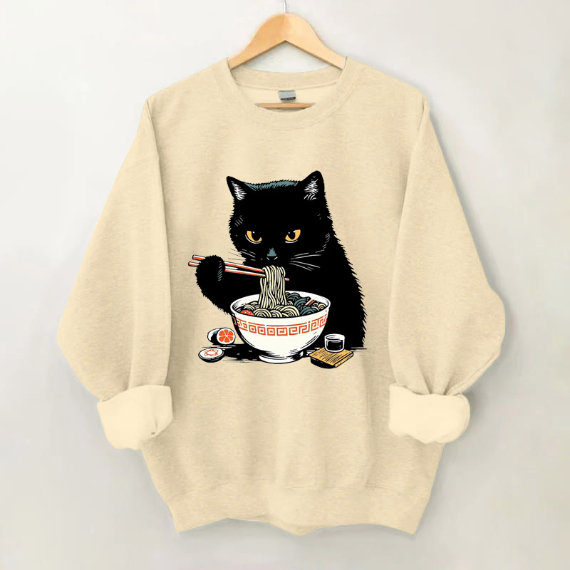 100% Cotton Japanese Cute Cat And Ramen Print Crew Neck Sweatshirt - Apricot - 2XL - image 1