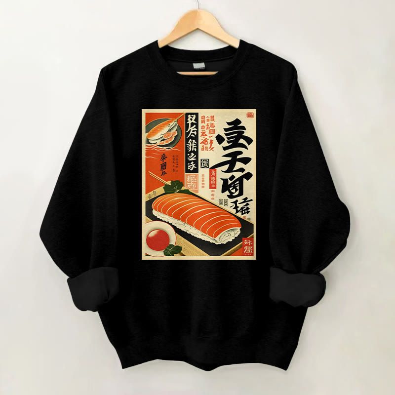 100% Cotton Retro Sushi Advertisement Print Round Neck Casual Fleece Sweatshirt - Black - 2XL - image 2