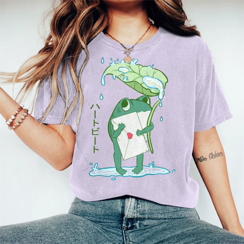 100% Cotton Women's Creative Japanese Frog Holding Letter Art Print Casual T-shirt - Purple - 2XL - image 3