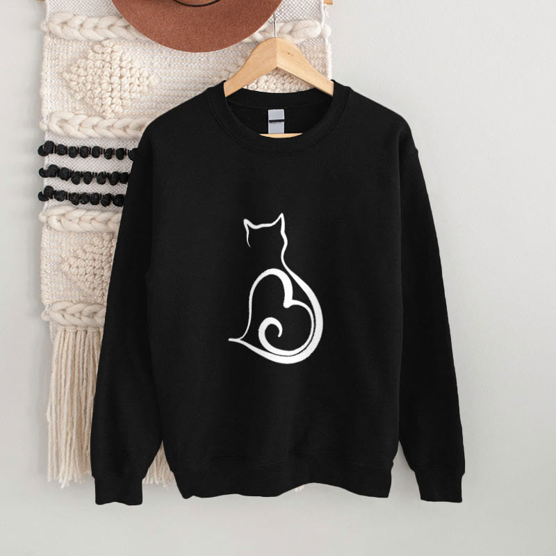 100% Cotton Japanese Simple Lines Love Cat Print Casual Fleece Sweatshirt