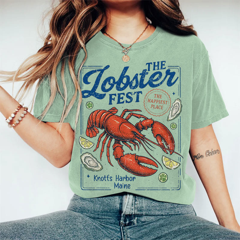 100% Cotton Women's The Lobster Fest Art Print Casual T-shirt - Green - 2XL - image 6
