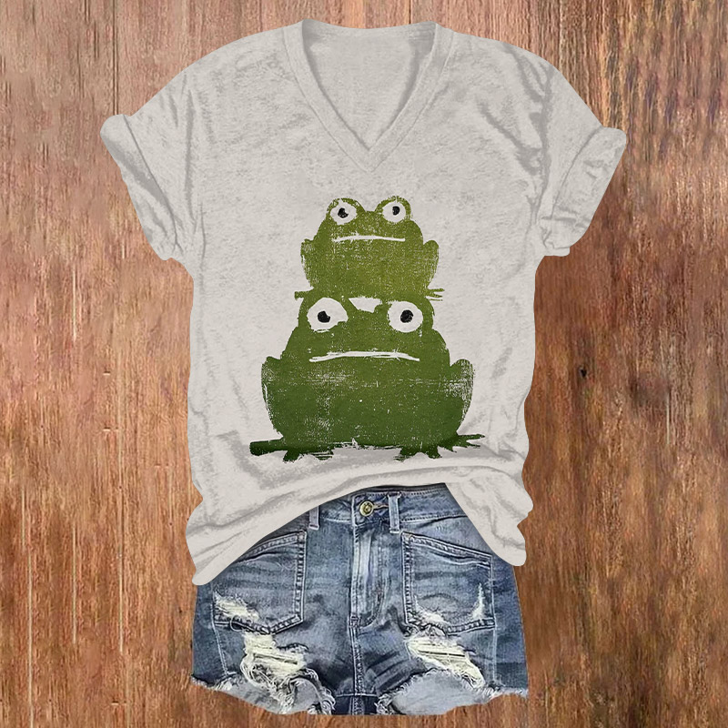 Vintage Creative Frogs Print Short Sleeved V-neck T-shirt - Light Gray - US32-34(5XL) - image 1
