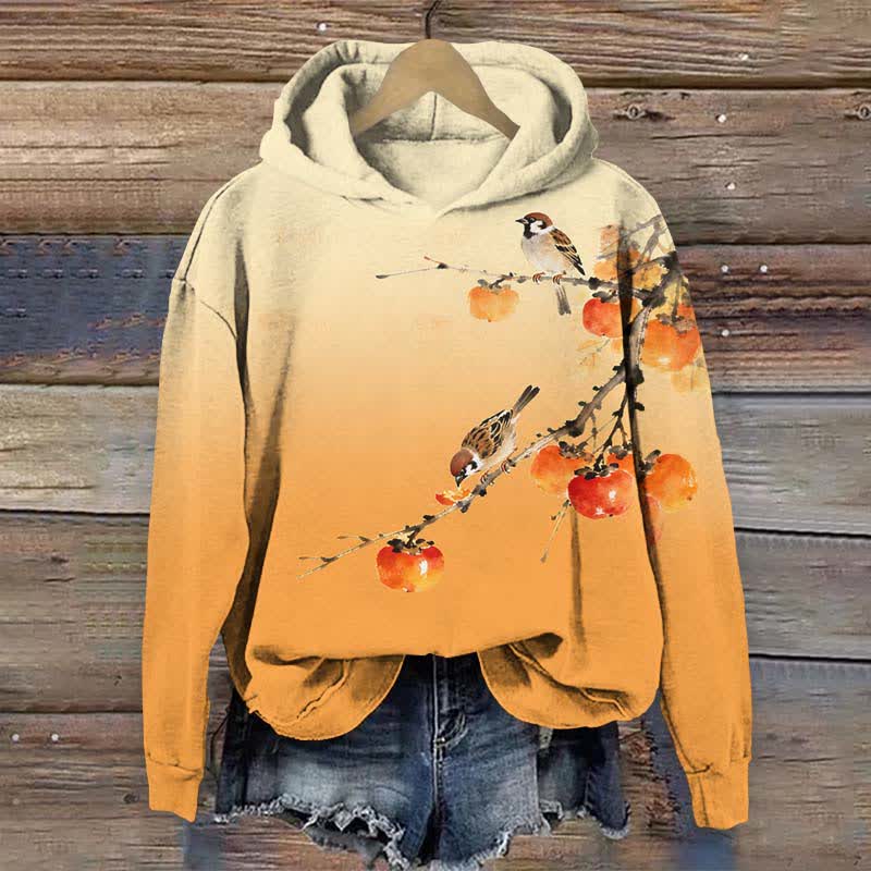 Japanese Cute Bird Eating Persimmon On The Branch Print Long Sleeve Hoodie - Orange - US44-46(8XL) - image 2