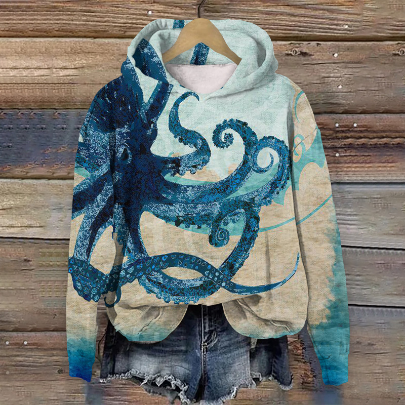  Japanese underwater octopus print  Long Sleeve Hoodie - Blue - 8XL - image 1