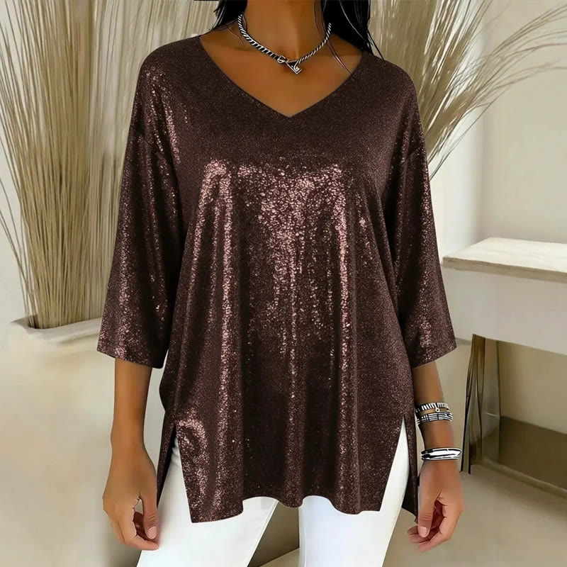 Sparkly Hem slit V-Neck Top - Coffee - 3XL - image 5