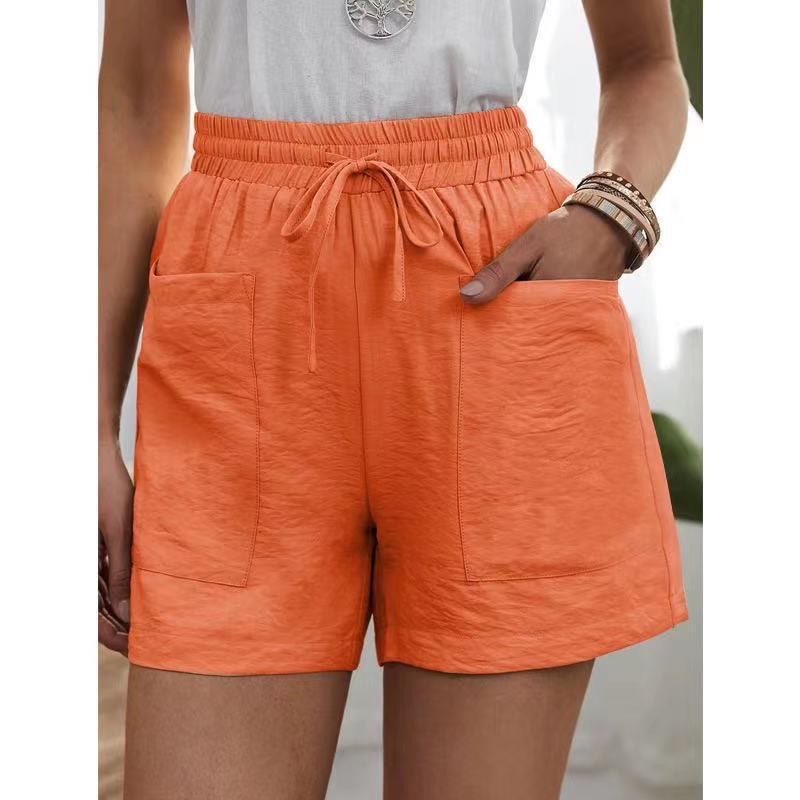 Linen Solid Color Loose Plus Size High Waist Casual Shorts - Orange - 5XL - image 4