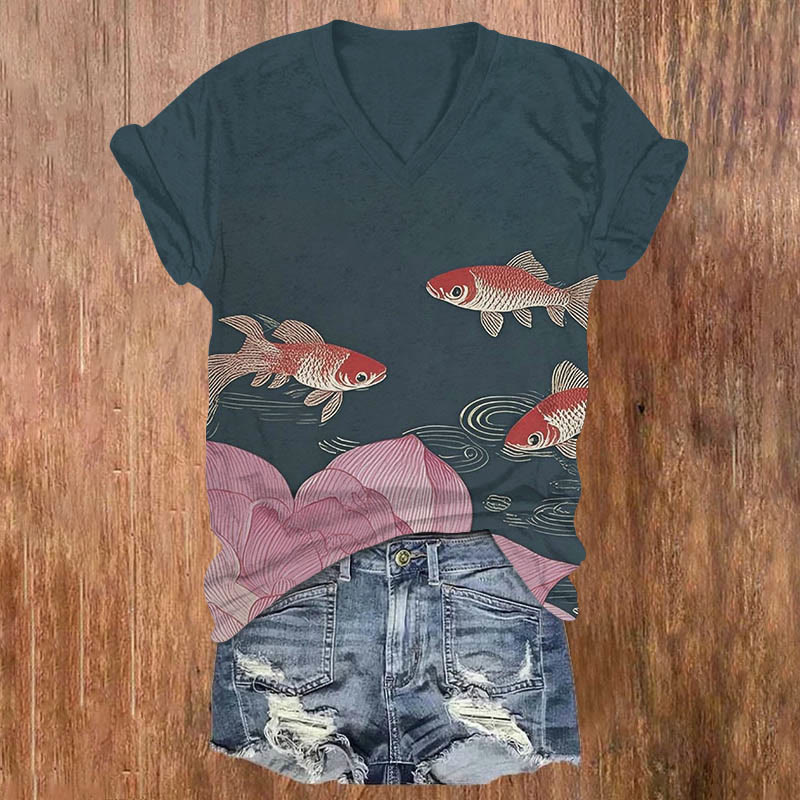 Lotus & Koi Japanese Art Print V-neck T-shirt - Black - US32-34(5XL) - image 5