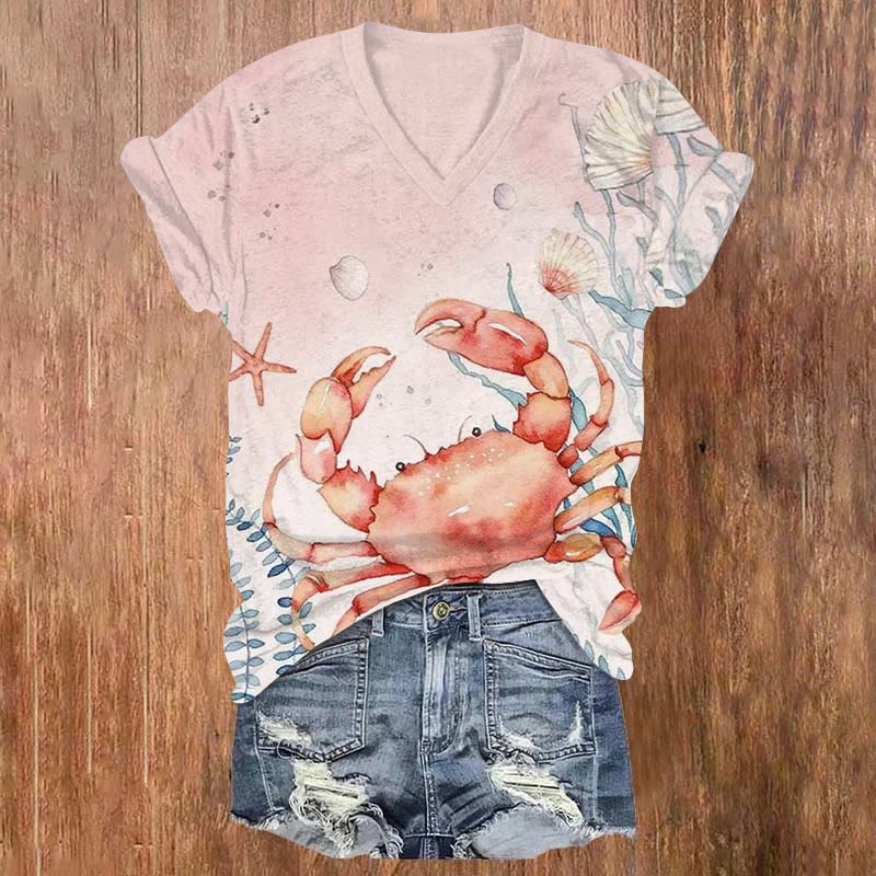 Cartoon Watercolor Crab Underwater Print V-neck T-shirt - Pink - US32-34(5XL) - image 3