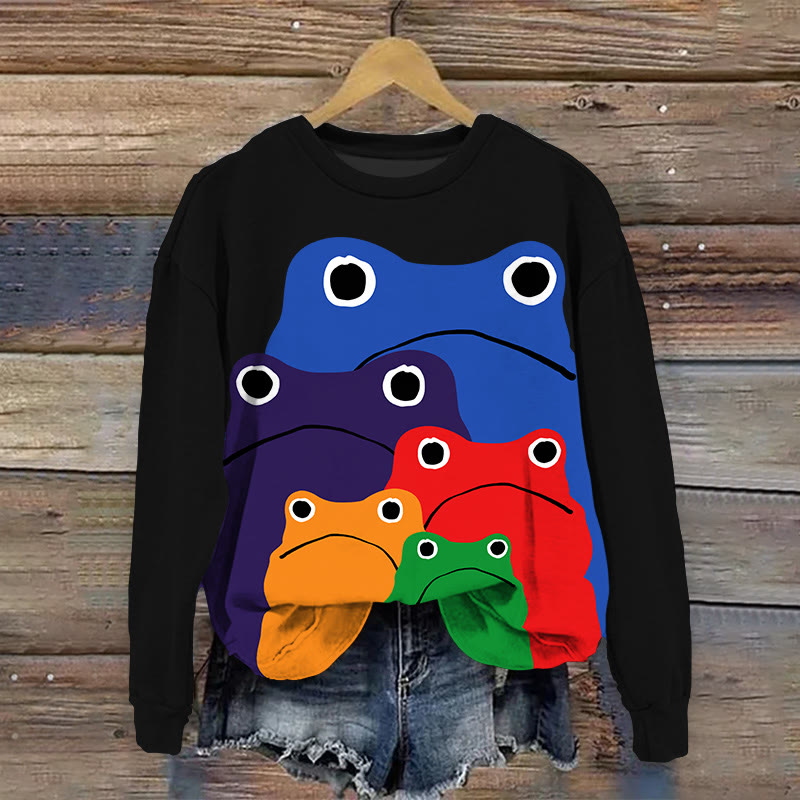 Cascading Rainbow Japanese Frog Print Long Sleeve Sweatshirt - Black - 5XL - image 3