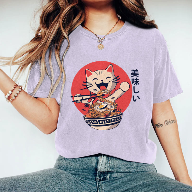 100% Cotton Women's Japanese Happy Cat Eating Noodles Art Print Casual T-shirt - Purple - 2XL - image 4