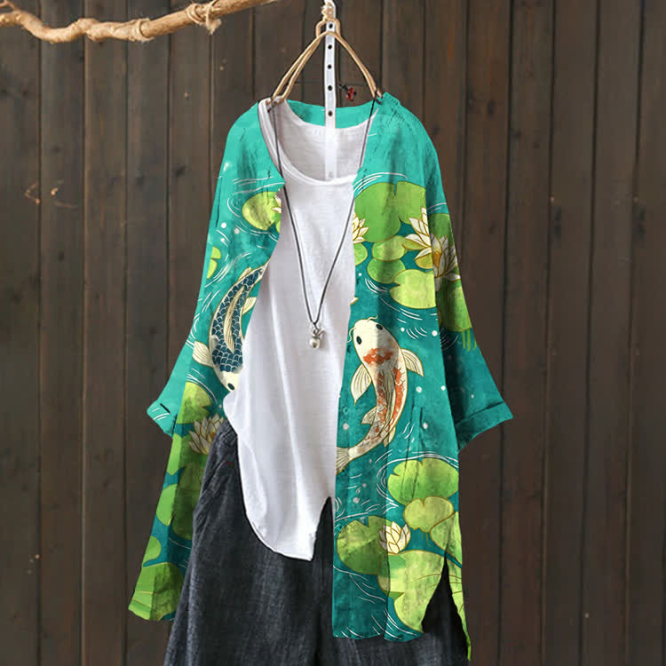  Japanese Koi In The Lotus Pond Pattern Print Cardigan - image 6