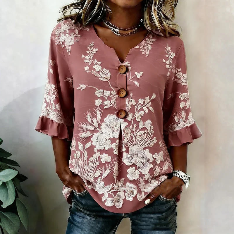 Pastoral Floral Lace Pattern Print Button V-neck Blouse With Ruffle Sleeves - Red - US 22 (4XL) - image 4