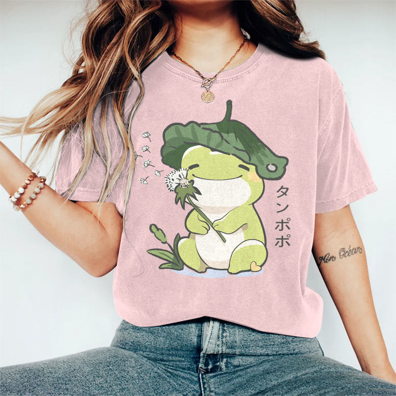 100% Cotton Women's Japanese Happy Frog Holding Dandelion Art Print Casual T-shirt - Pink - 2XL - image 4