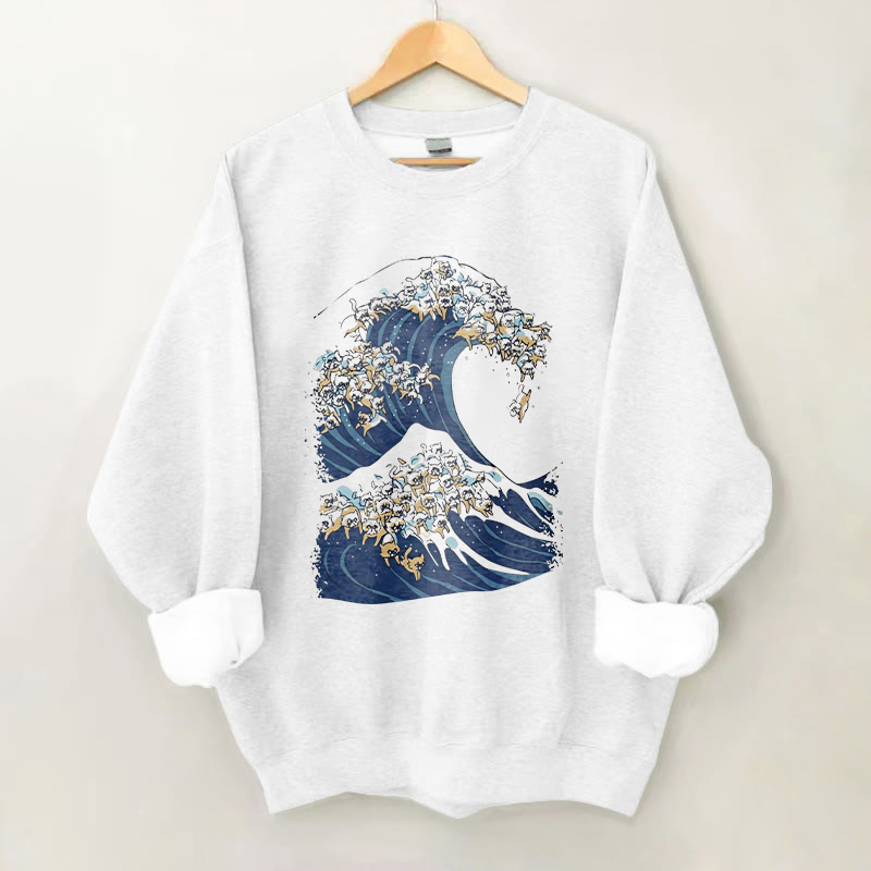 100% Cotton Abstract Ocean Waves And Cat Print Crew Neck Sweatshirt - White - 2XL - image 2