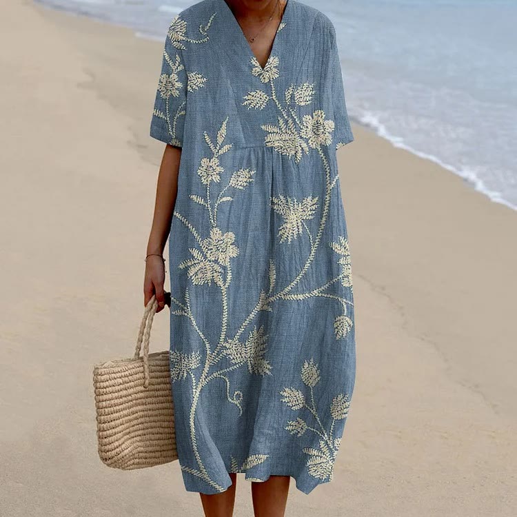 Women's Retro Floral Print Short-sleeved Midi Dress - Blue - 6XL - image 4