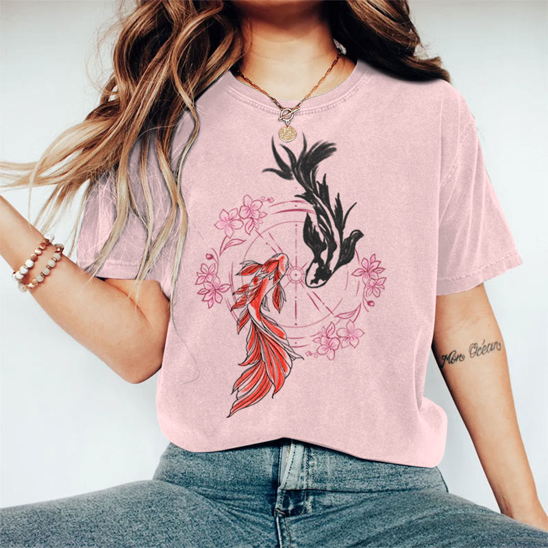 100% Cotton Women's Japanese Sakura Koi Carp Art Print Casual T-shirt - Pink - 2XL - image 2