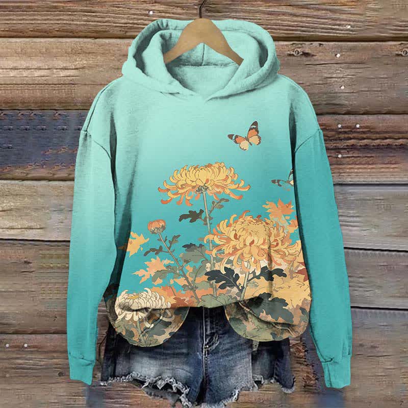 Japanese Lovely Chrysanthemum & Butterfly Art Print Long Sleeve Hoodie - Blue - US44-46(8XL) - image 5